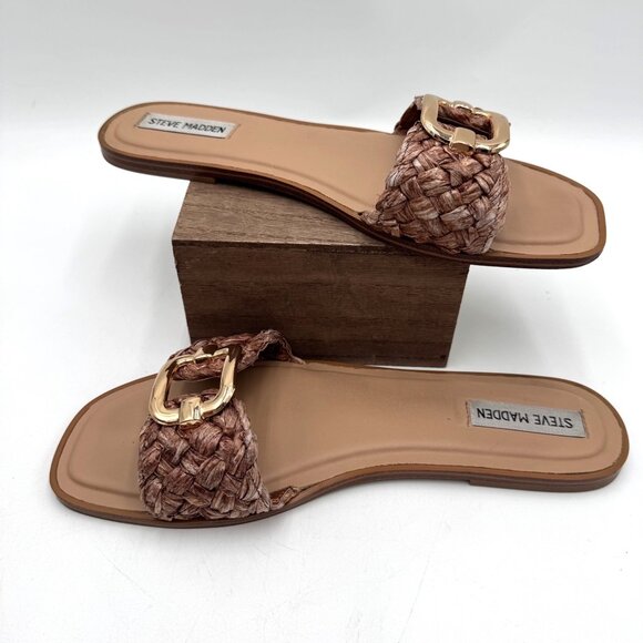 Steve Madden Women's Tan and Brown Sandals raffia fabric woven gold tone large b - Picture 2 of 13